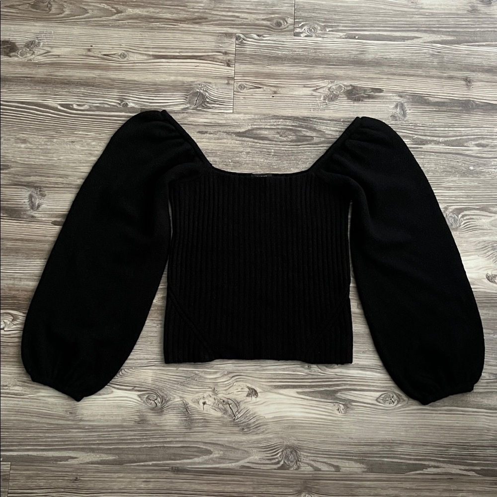 Halogen Puff Sleeve Square Neck Sweater in Black Size Small Wool Blend
